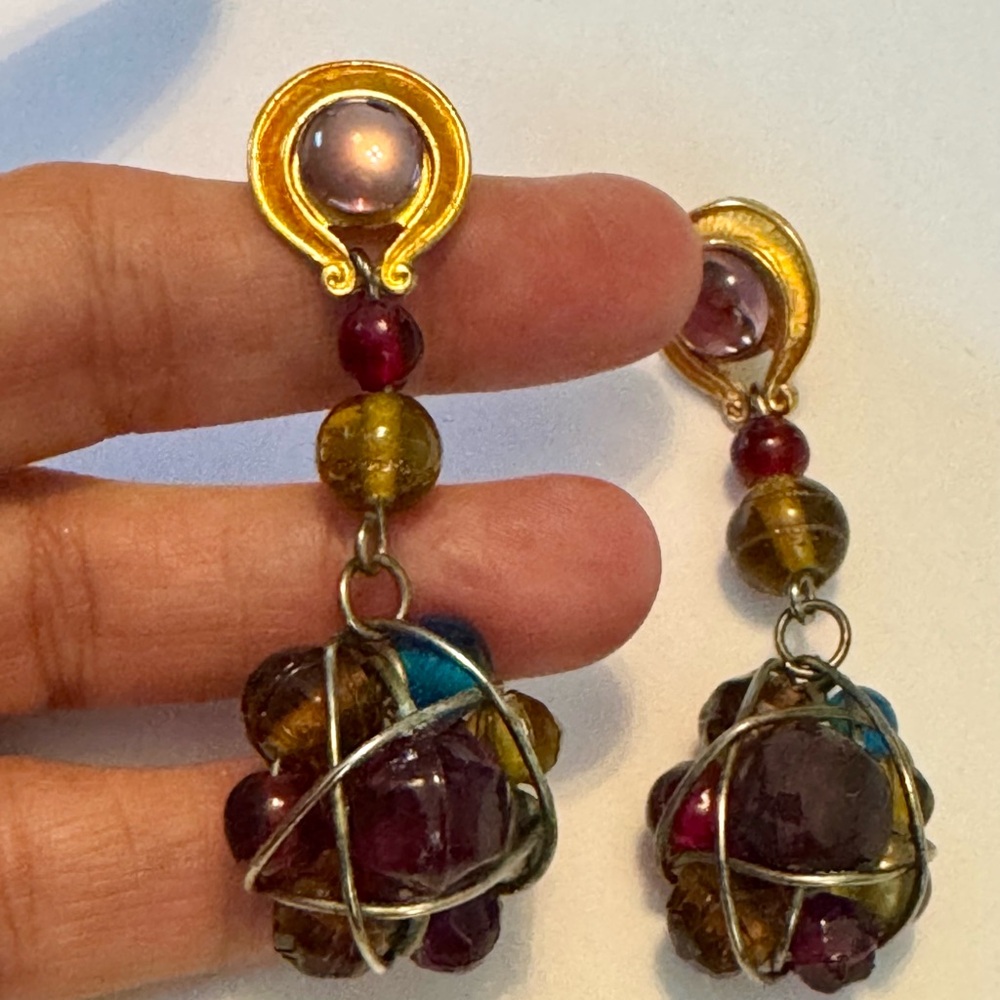 Artisan Brutalist Earrings wire wrapped Beaded drop dangle Muli-colored confetti